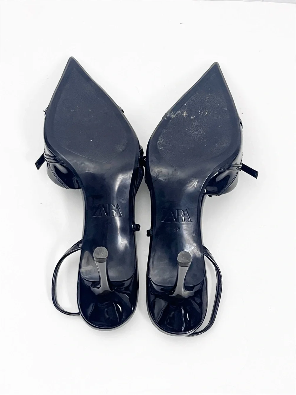 ZARA Black Patent Leather Strappy Pointy Toe Slingback Heels Size 38 Classic